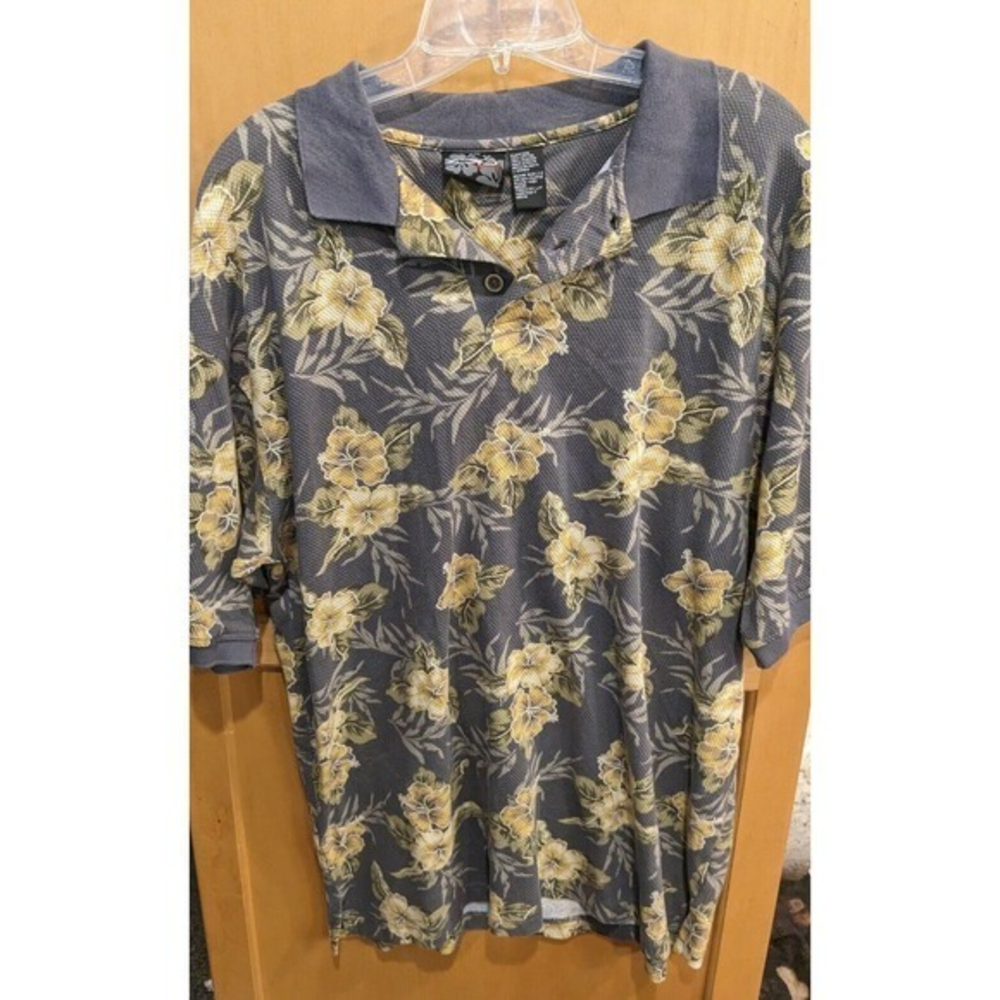 Ocean Pacific Sport Polo Shirt‎ Adult Large Gray White Outdoors Cotton Floral